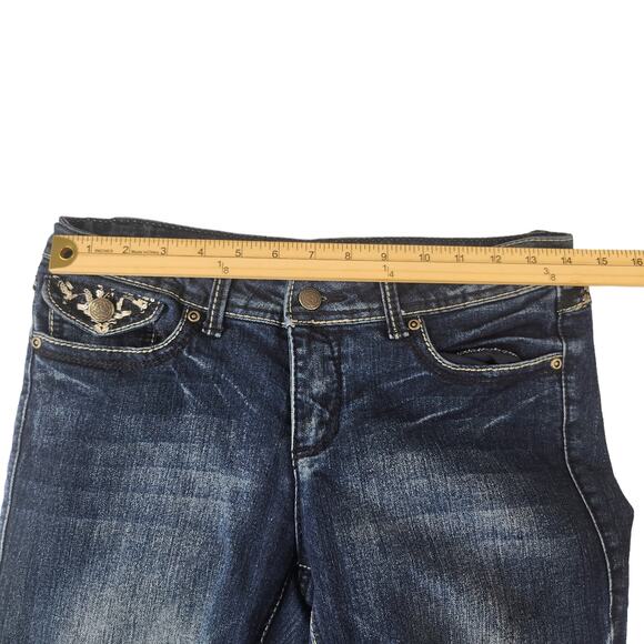 Bling Bootcut Jeans 5/6 28 Abrasion Faded Y2k Embroidered Sequins Low Rise - Picture 9 of 12